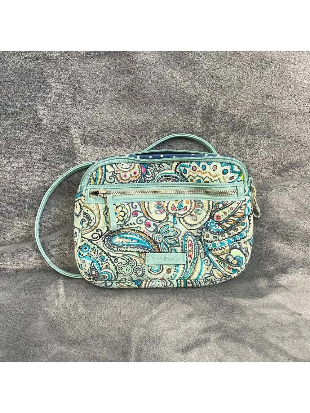 Vera Bradley RFID All in One Crossbody Bag Quilted Paisley Turquoise Blue Wallet
